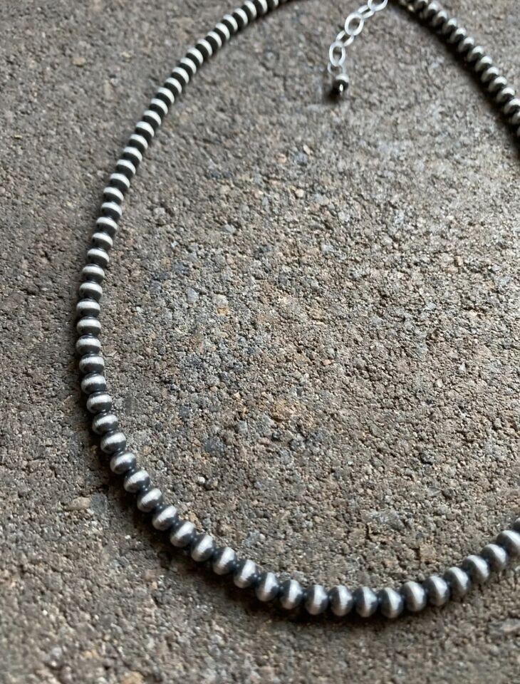 4mm 16 Inch 925 Sterling Silver Oxidized Pearls Bead Necklace Southwestern