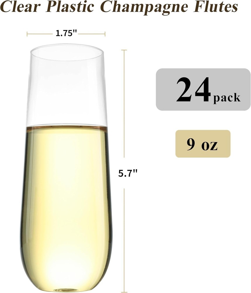 24 Pack Plastic Champagne Flutes 9oz Clear Shatterproof Cups