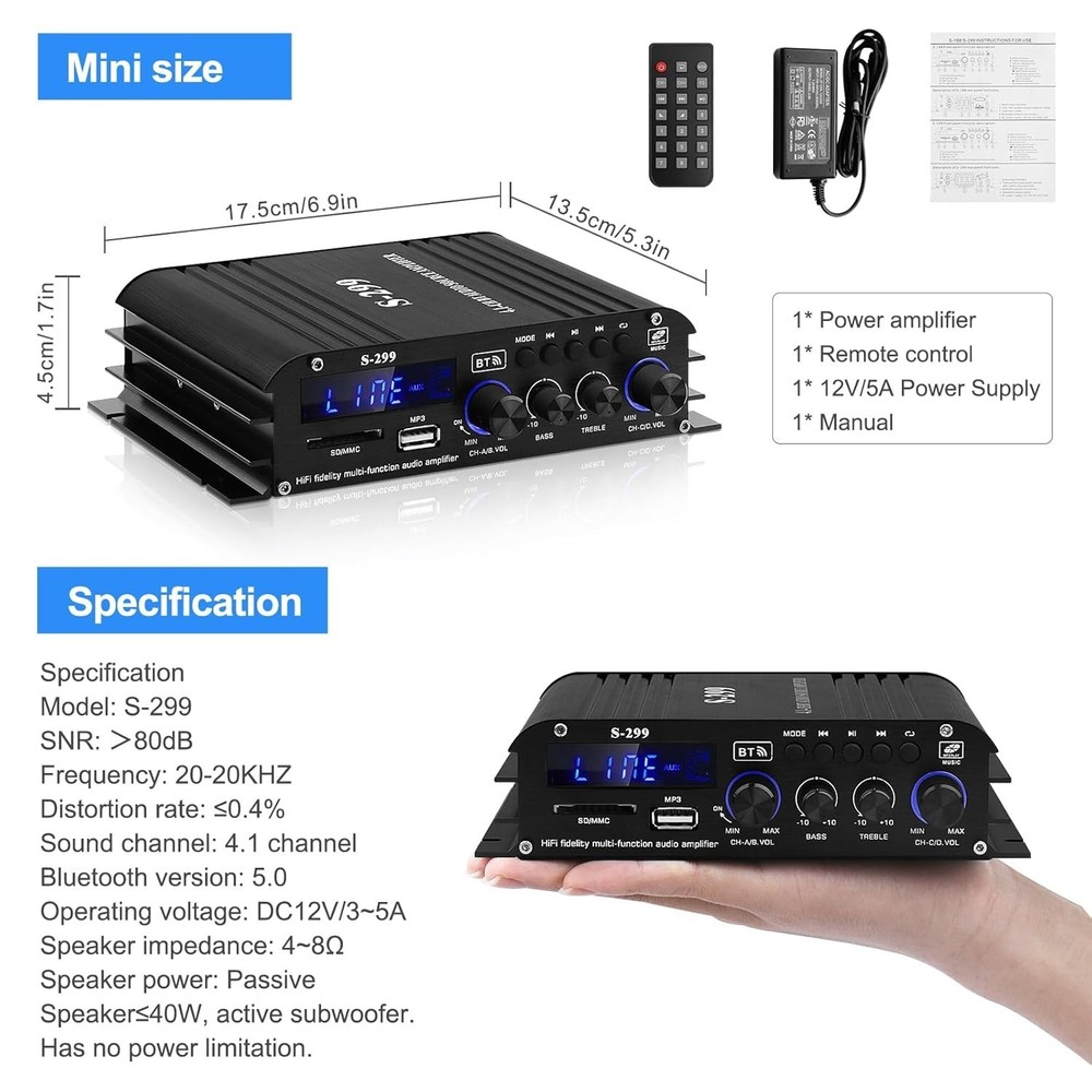 Bluetooth 5.0 4.1 Channel Home Audio Amplifier