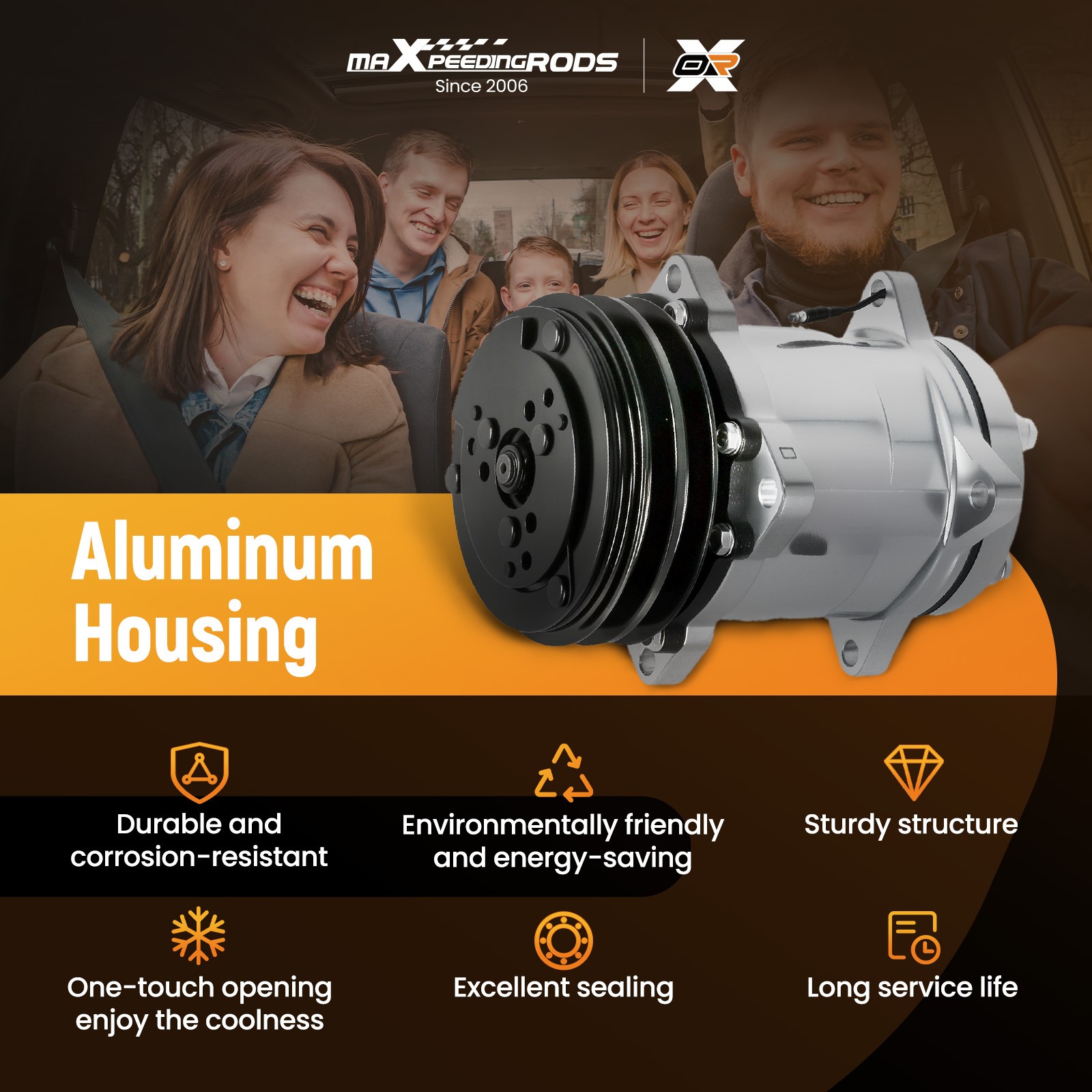 A/C Compressor w/ 2-Groove Pulley For Sanden 508 Style V-Belt 12V Chrome Black