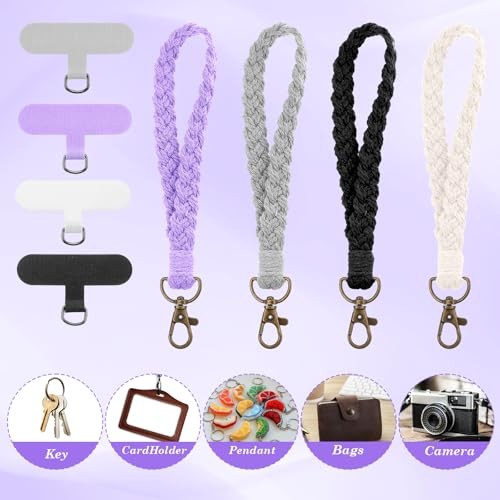 4 Sets Macrame Phone Wrist Strap with Tether Tab, Wristlet Strap Tab, Wrist