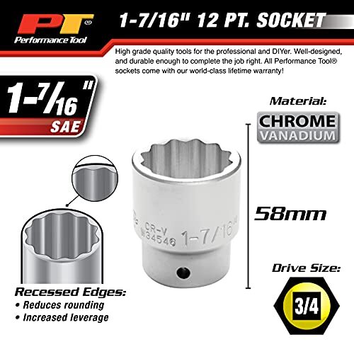 Performance Tool W34546 3/4" Drive 12-Point SAE Standard Socket, 1-7/16"