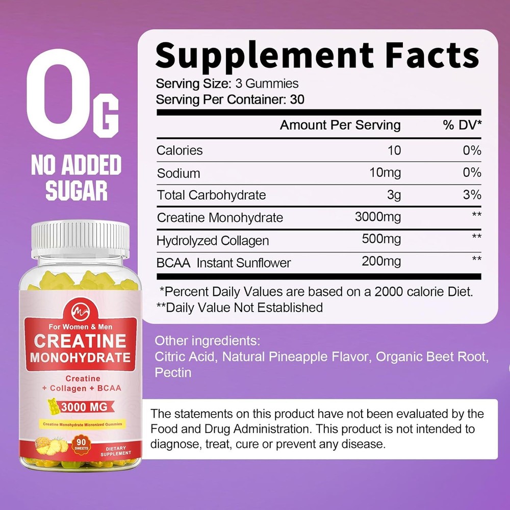 180Pills Creatine Monohydrate Gummies Pineapple FlavorEnergy Boost Improve