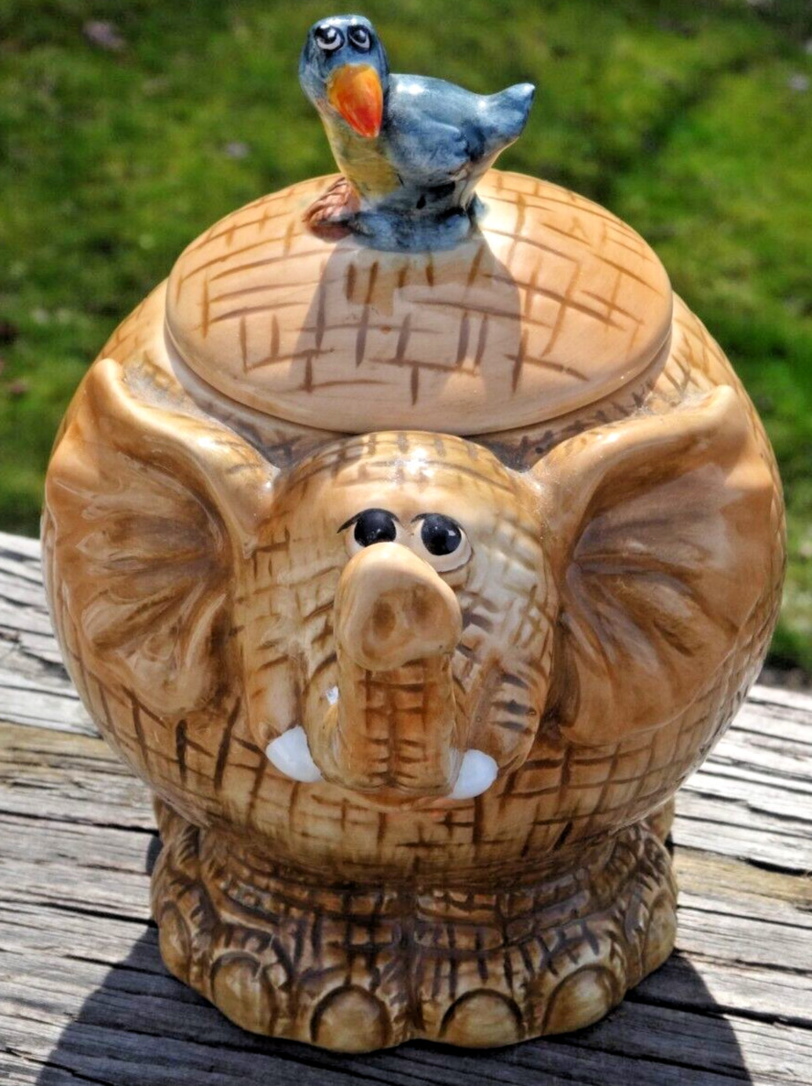 Ceramic 6" x 5.5" Lucky Trunk Up Elephant Jar w/ Bird on Lid by Home and Garden