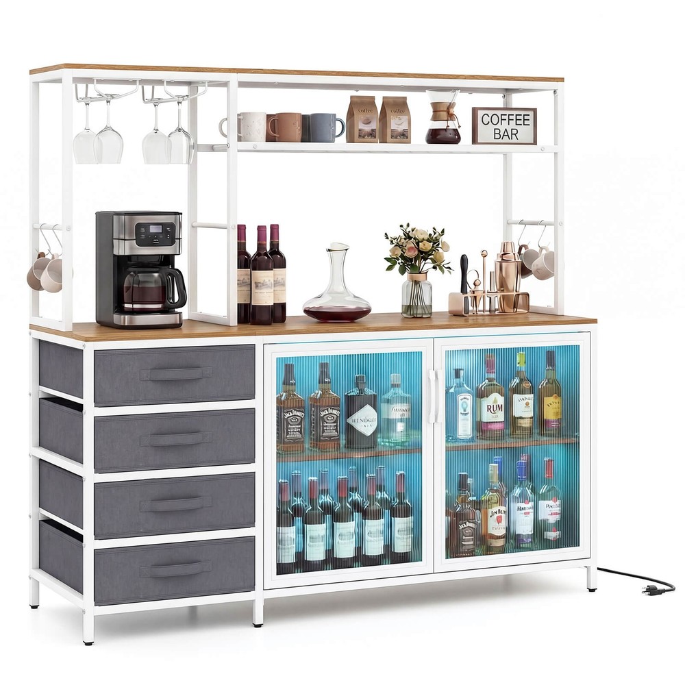 Sideboard Buffet Cabinet w/ LED Lights, 55" Coffee Table w/ Power Outlets
