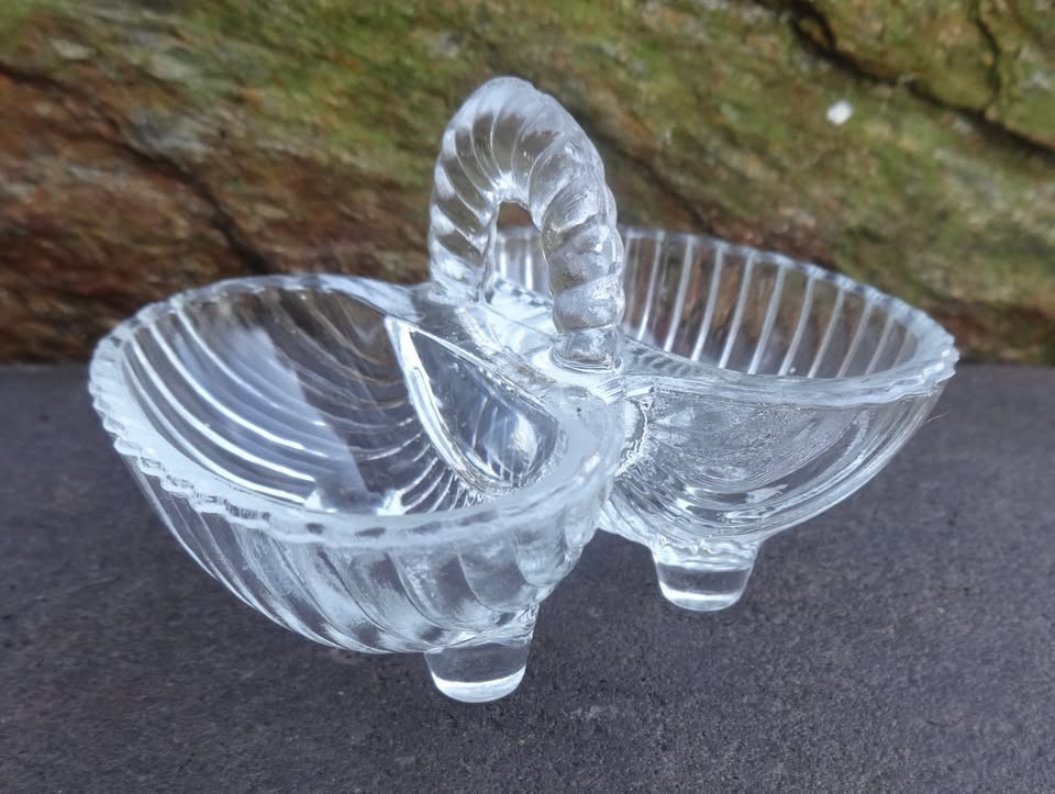 Clear Glass Double Open Salt Dip, Cellar, Dish w/Loop Handle!