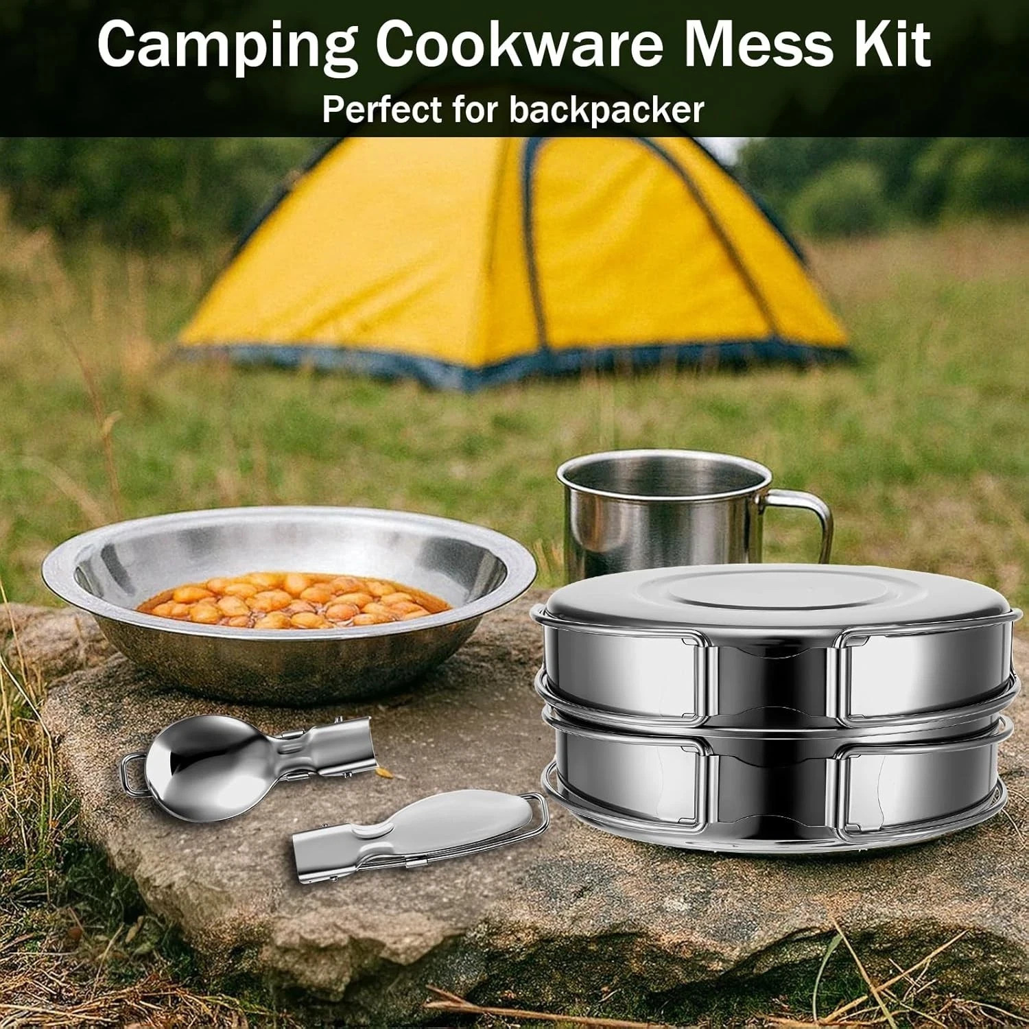 14Pcs Stainless Steel Camping Cookware Set Lightweight Compact Camping Pots Pan