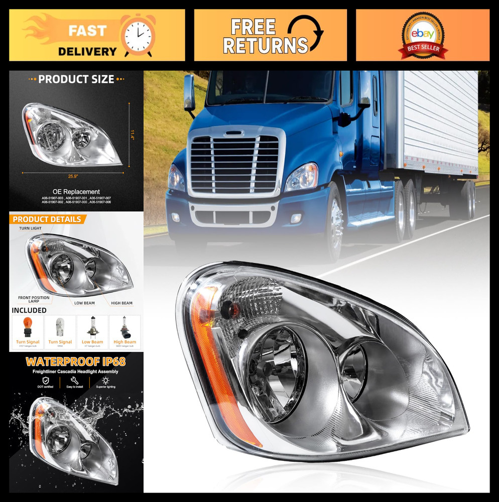 Chrome Headlights for 2008-2017 Freightliner Cascadia - Right Passenger Side, Am