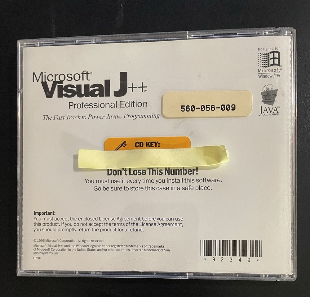 Vintage 1996 Microsoft Visual J++ Professional Edition CD-ROM