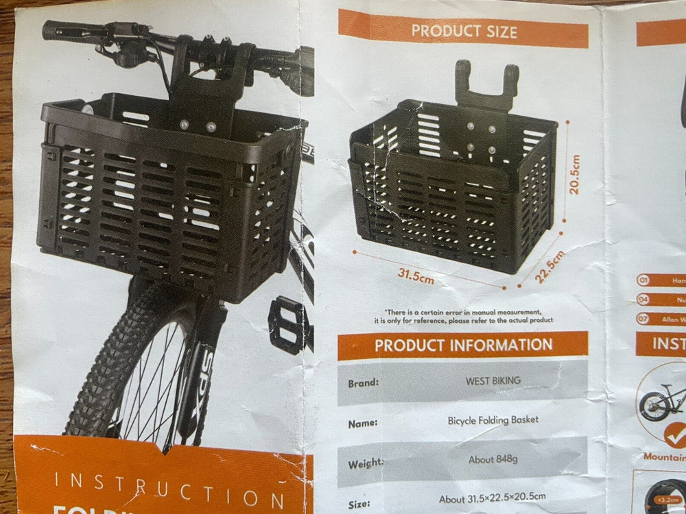 Front Bicycle Folding Basket Detachable with Handle