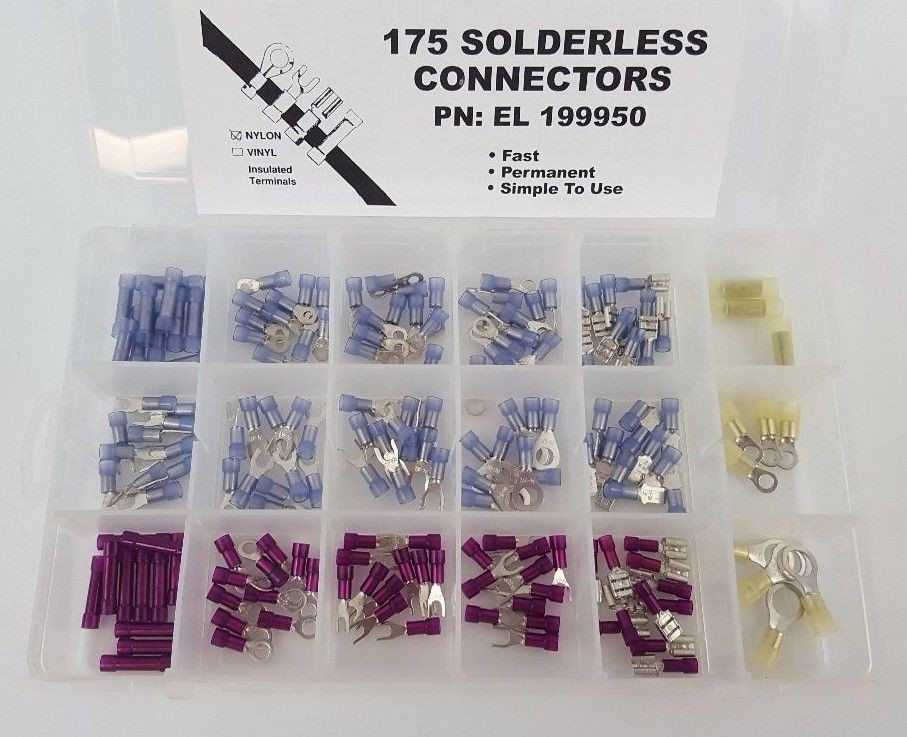 175 Pc Nylon Insulated Wire Terminal Assortment - Ring Fork Butt Disc - USA Made