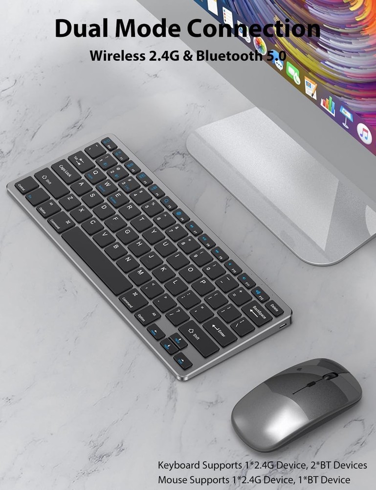 2.4G & Bluetooth Slim Compact 78 Keys Wireless Keyboard and Mouse Combo for Mac