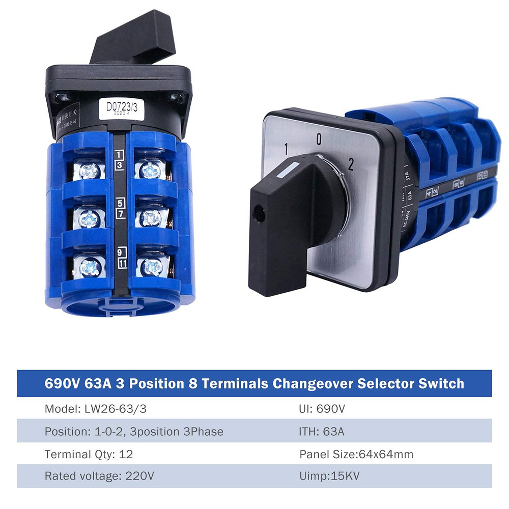 Changeover Switch 3 Position Selector Switch Box 12 Terminals 63A 690V Universal