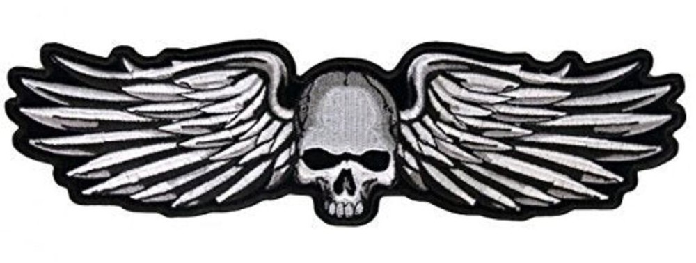 SKULL METAL WINGS EMBROIDERED MORALE PATCH || 2PC HOOK BACKING 5"x2"