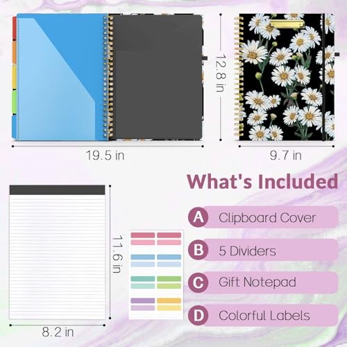 Clipboard Folio with Refillable Notepad, Folder with 10 Storage Daisy - Black