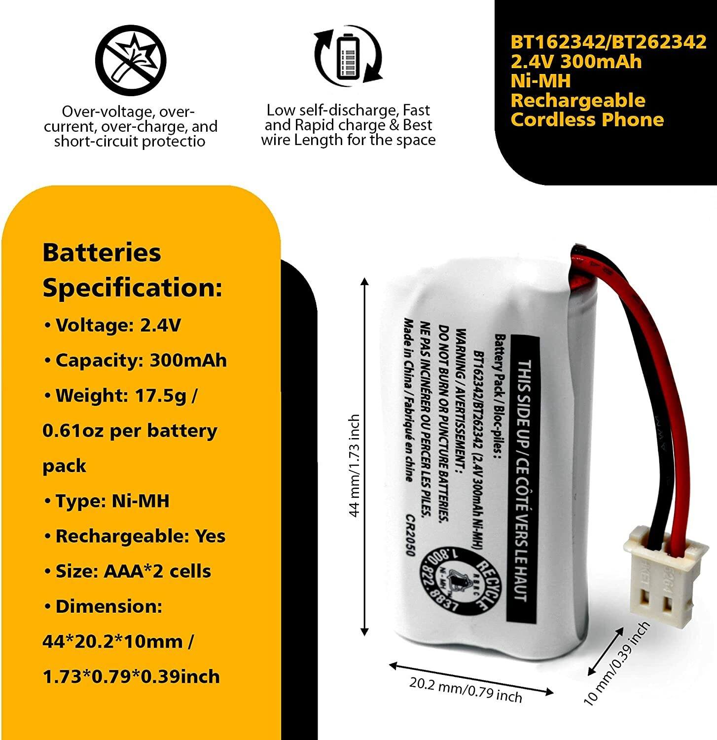 VTech BT162342/BT262342 2.4V 300mAh Ni-MH Battery Pack for Cordless Phone