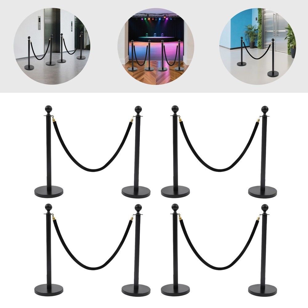 8PCS Stanchion Posts Queue Pole Black with 4 1.5M Ropes Crowd Control Barrier