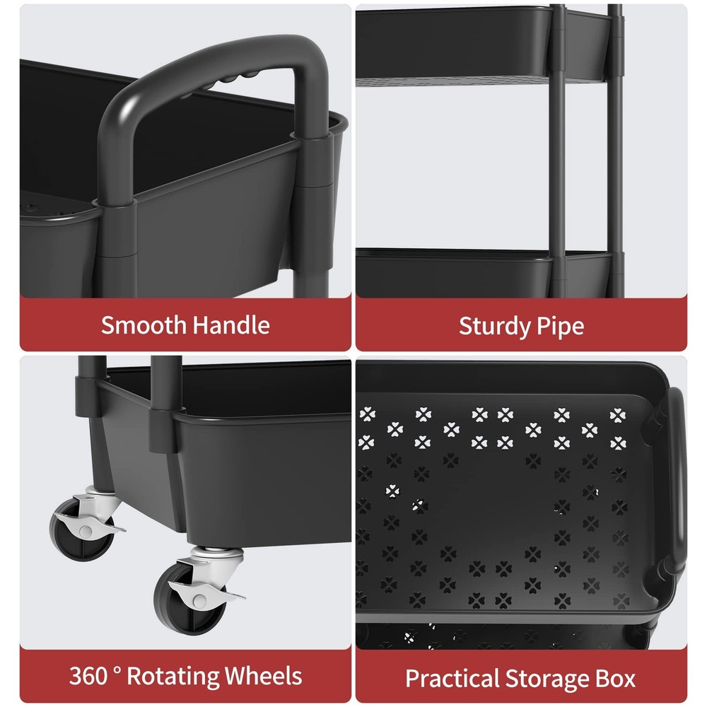 4-Tier Plastic Rolling Utility Cart with Handle Multi-Functional Storage Trolley