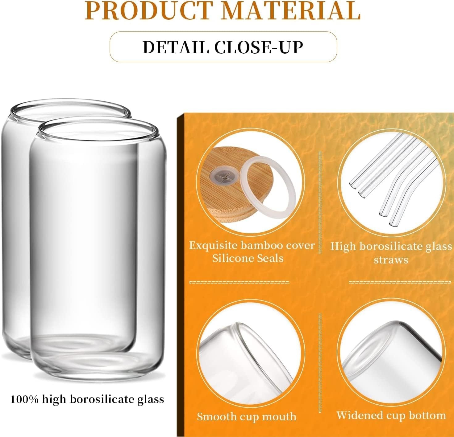 Glass Cups with Bamboo Lids & Straws 6 Pack, 16oz Iced Coffee Tumbler Set