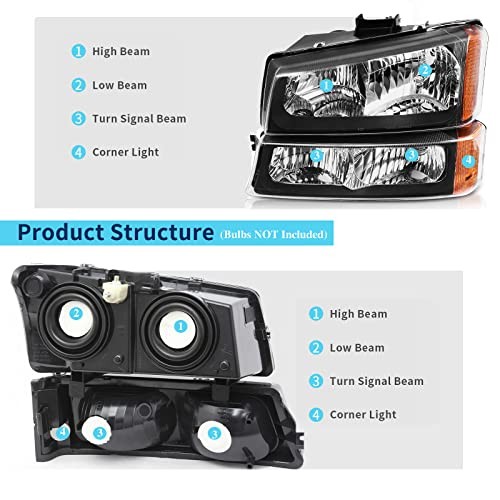 Headlight Tail Lights Assembly Combo Compatible with Black Housing Amber Corner