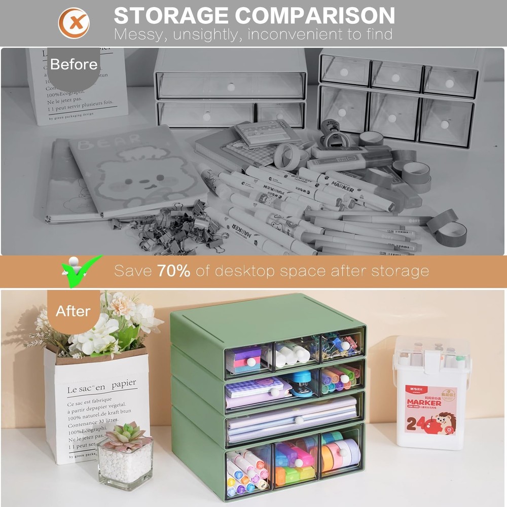 Desk Storage Organizer with 9 Drawers, 4 Tiers Stackable Desktop Craft Storag...