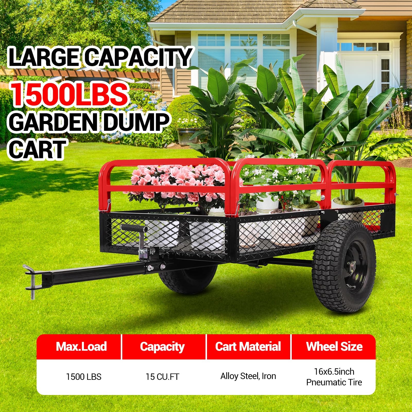 1500 lbs Dump Cart 15 Cubic Feet Garden Utility Trailer with Removable Sides