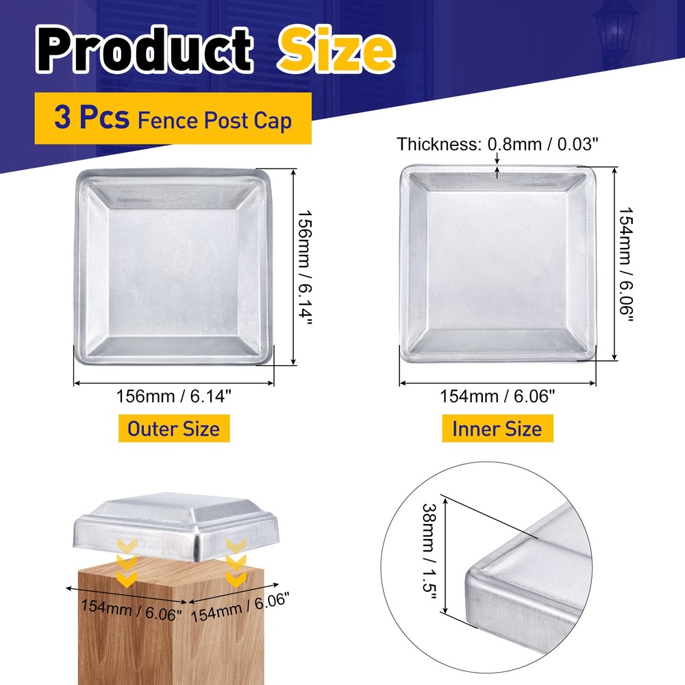 3Pcs Fence Post Cap, Galvanized Deck Post Caps Fit 6.1" x 6.1" Pipe, Silver