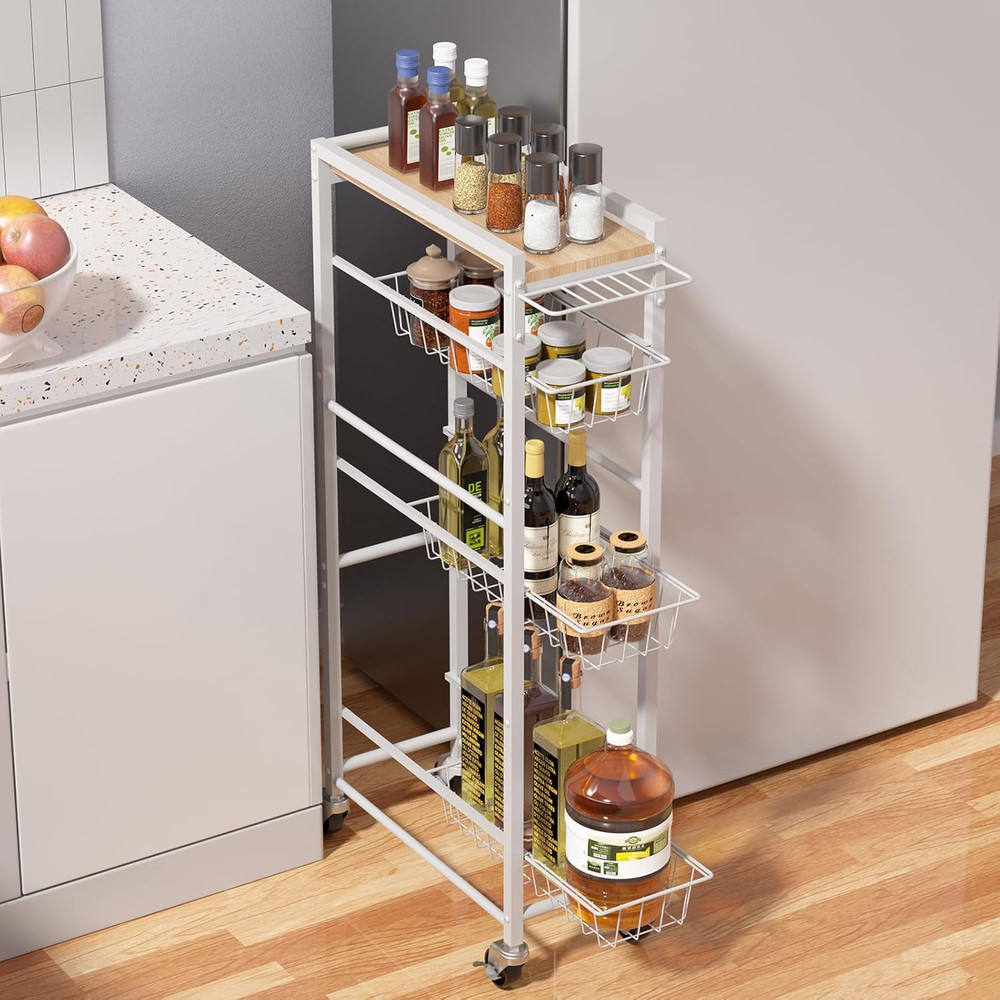 Slim 4-Tier Rolling Storage Cart with Pull-Out Baskets for Kitchen & Laundry