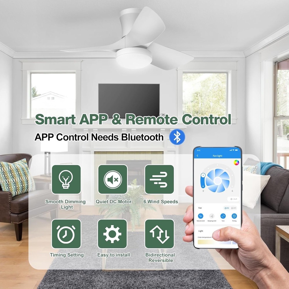 30 Inch Ceiling Fan with Light APP & Remote Control, Low Profile 3 Colors