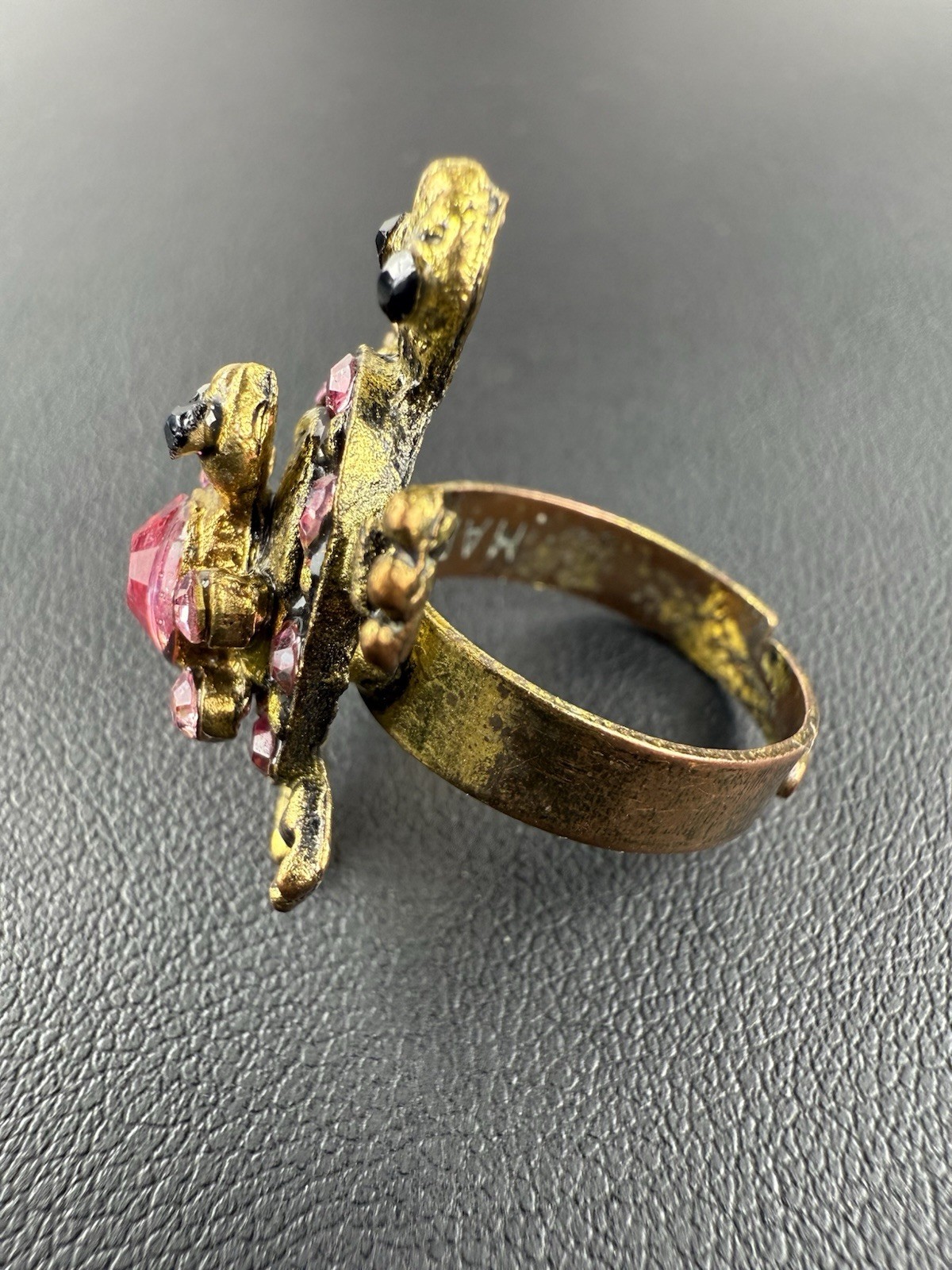 Gold Tone Pink Rhinestone Double Turtle Ring Size 5-7 Jewelry