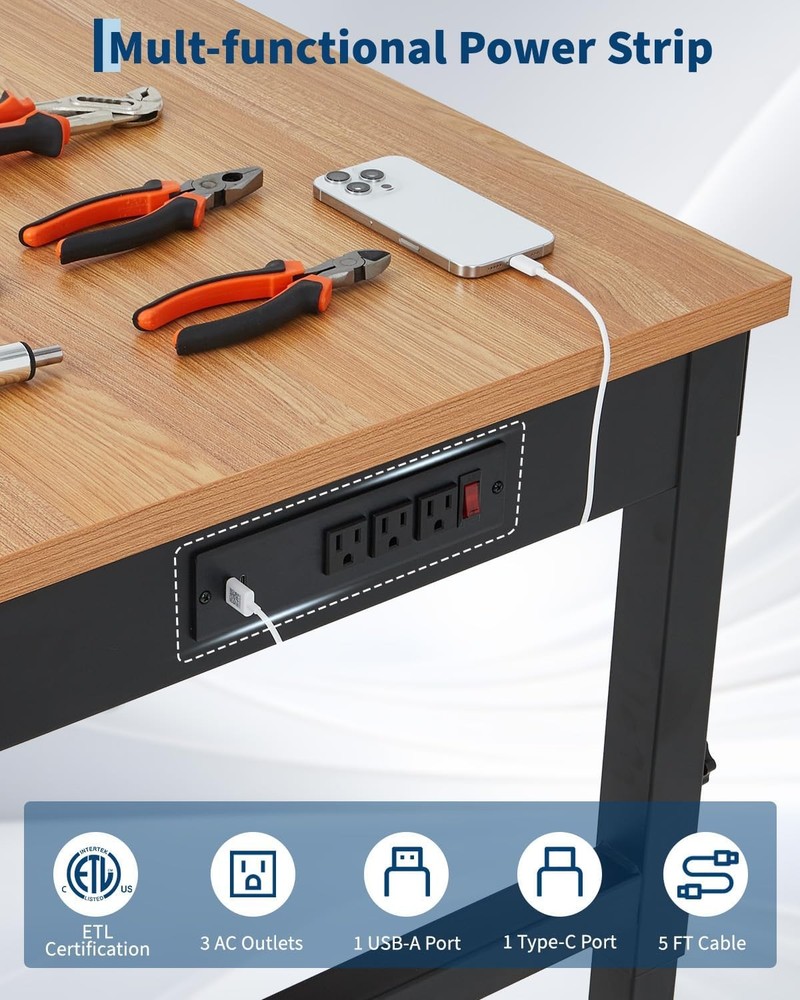 Multifunctional Work Bench Adjustable Height Workbench W/ Built-in Power Outlets