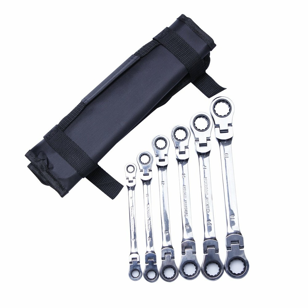 Double Box End Ratcheting Wrench Flex-Head Extra Long 6 PC Spanner Set Metric US