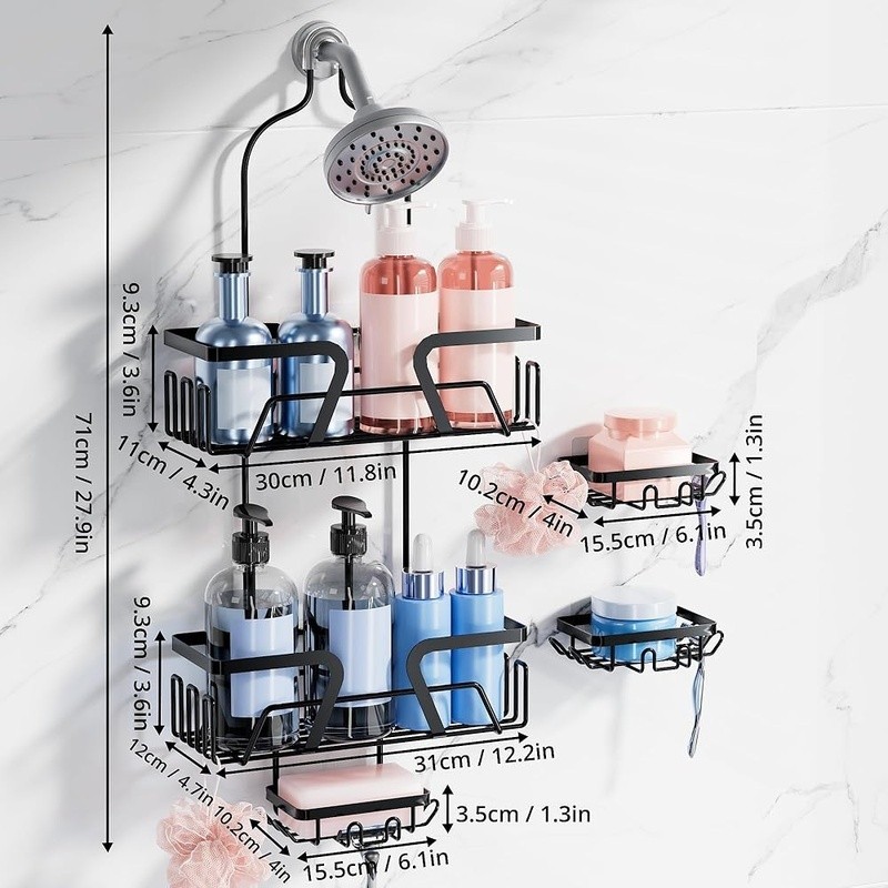 3 Tier Shower Caddy Rustproof Organizer W/ Soap Holders Adhesive Hooks Storage