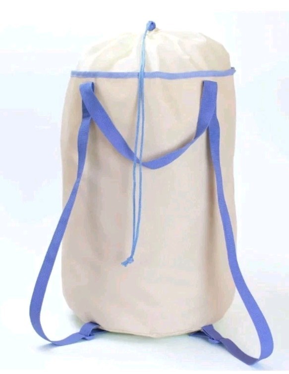 Laundry Backpack Cream/Blue Top Handles & Back Straps Drawstring Closure 18"Tall