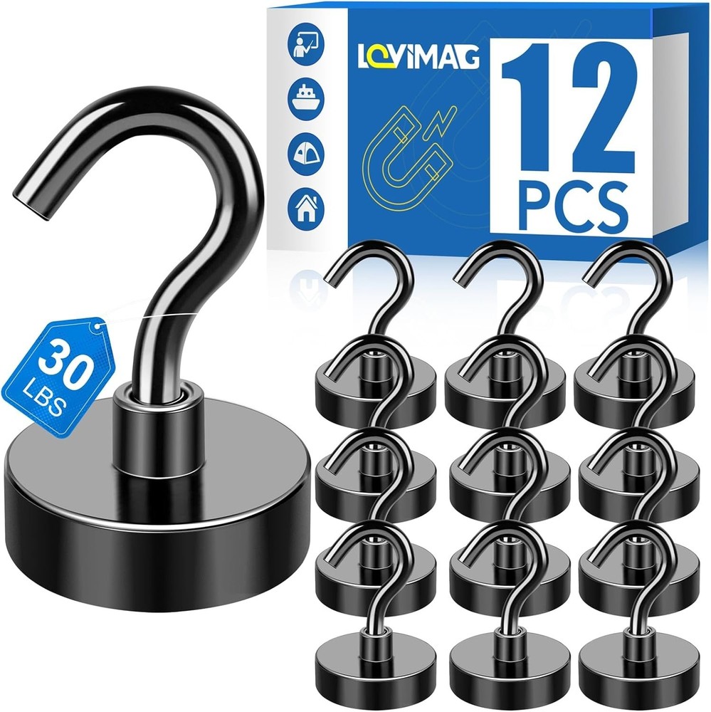 Magnetic Hooks, 12 Pack - Heavy Duty, Black, Rust Resistant, 30lbs Capacity, ...
