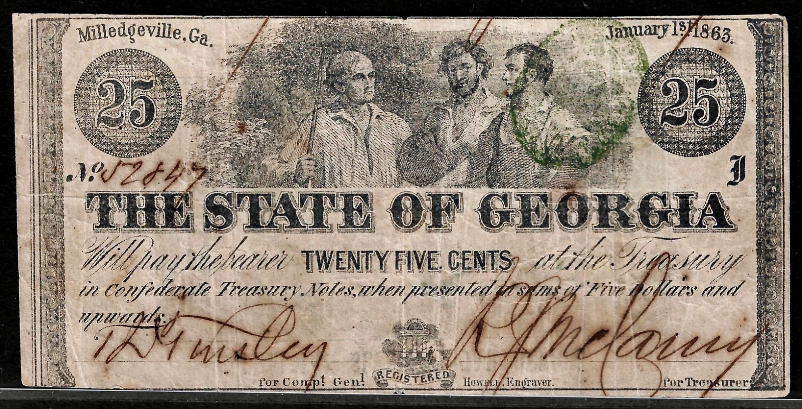 Jan 1, 1863 Georgia Milledgeville 25¢ Note w/General Railroad Advertisement Back