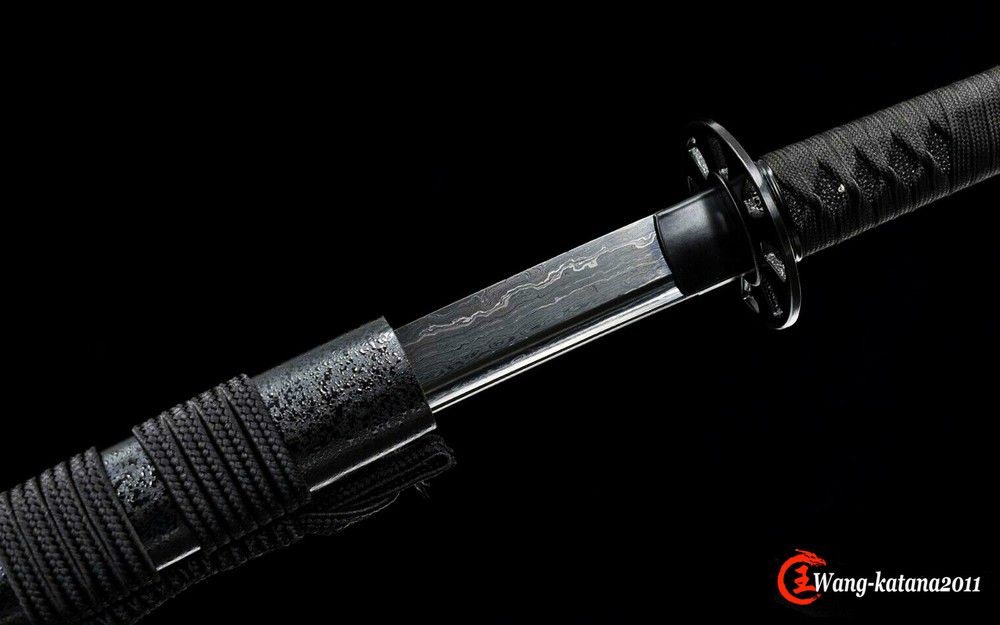 All Black Functional Sharp Japanese Samurai Katana Sword Damascus Folded Steel