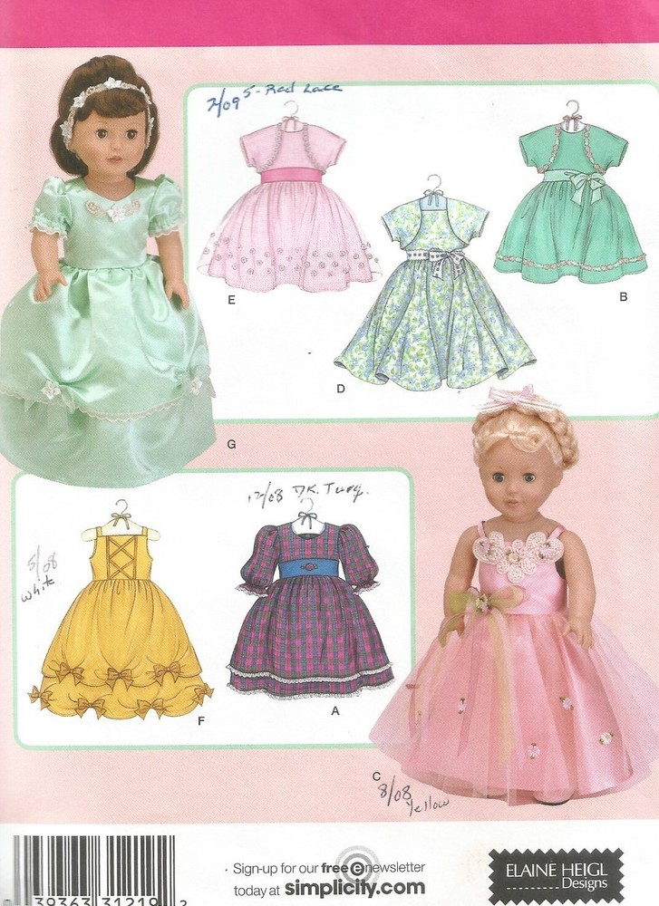3547 Simplicity Sewing Pattern 18" Doll Clothes Dresses Boleros