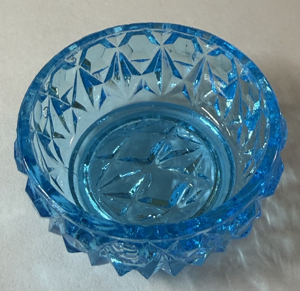 Vintage Blue Cut Glass Open Salt Cellar with Diamond Pattern