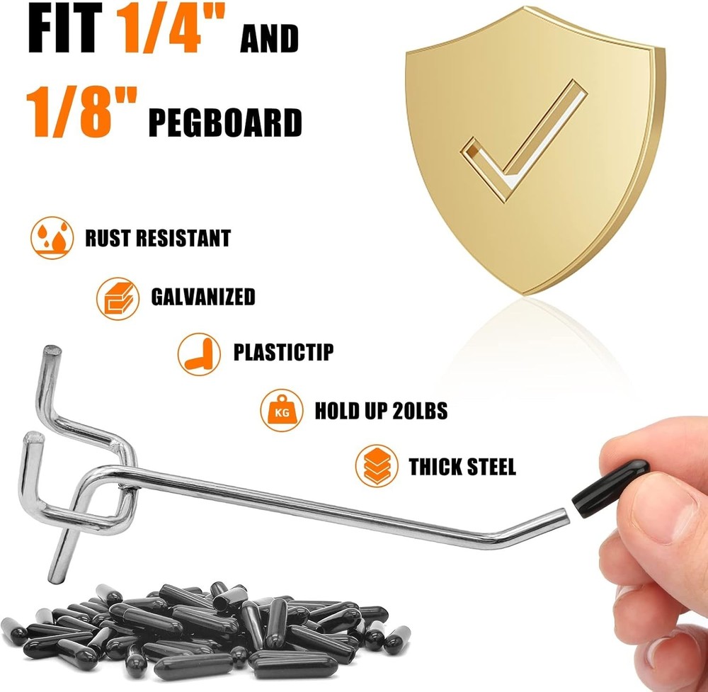 Durable 4-Inch Pegboard Hooks Set with Rubber Caps – 25 Pack for Tool Storage