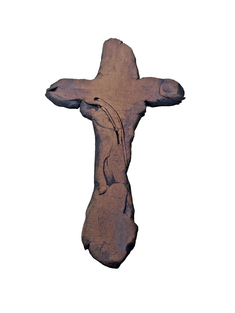 Handmade Abstract Pottery Cross Brown Signed Hanging