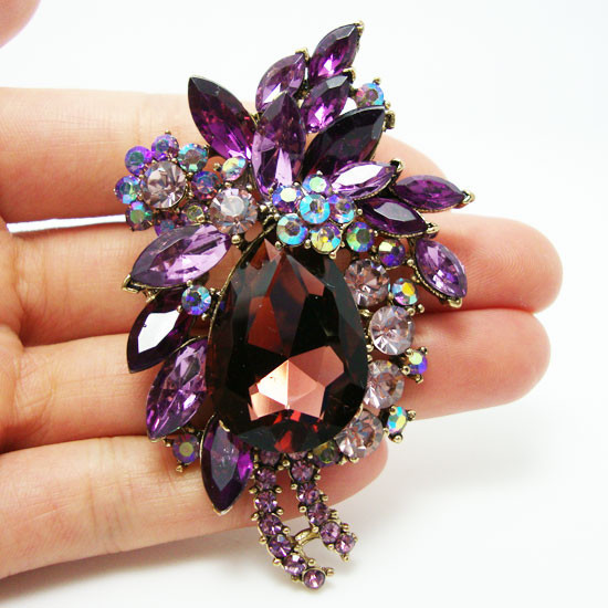 Vintage Style Flower Drop Brooch Pin Purple Rhinestone Crystal Floral Pendant