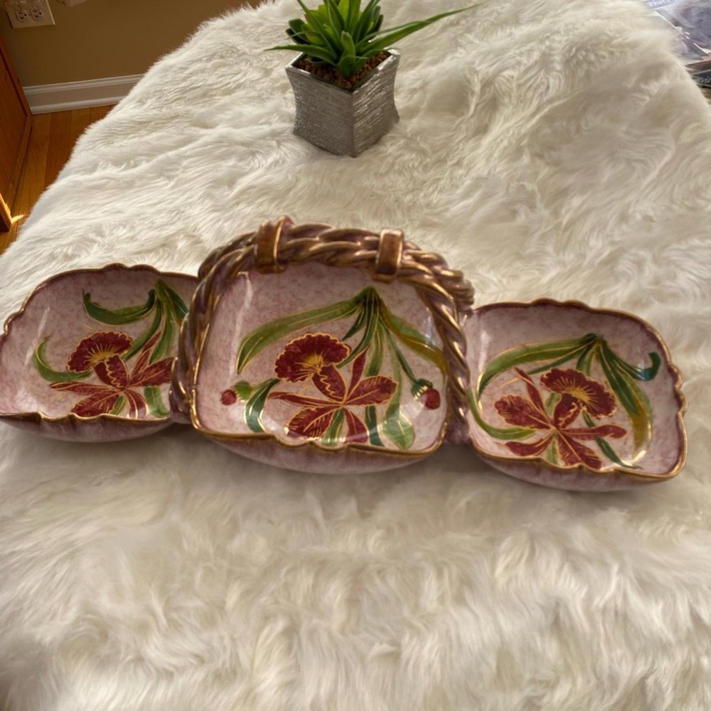 Hand-Painted Floral Ceramic Divided Serving Dish with Handle
