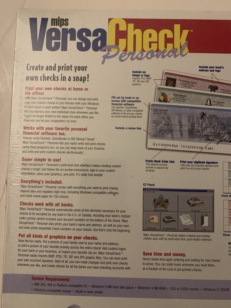 VersaCeck Check Personal 1998 w/ Blank Checks PC CD Print templates program New
