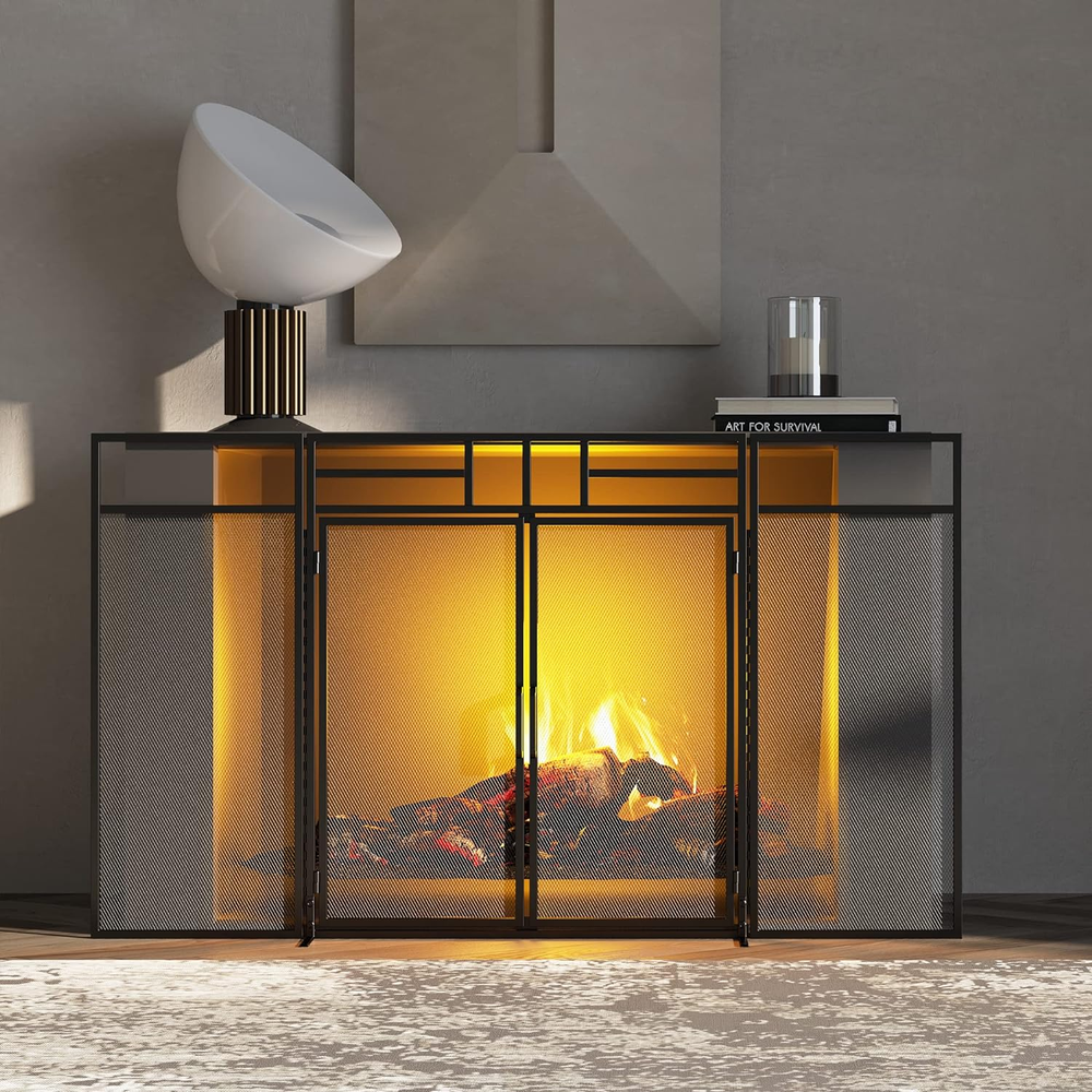 3-Panel Folding Fireplace Screen with Magnetic Hinged Doors, Solid Wrought Iron