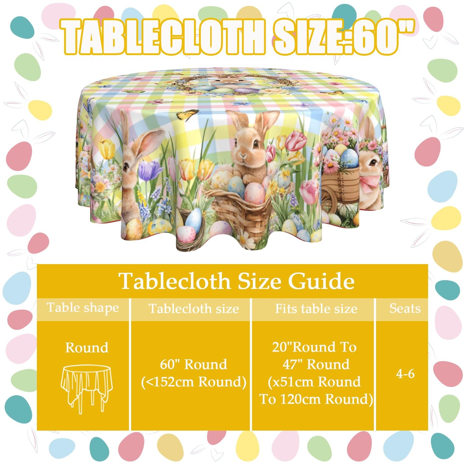 Easter Tablecloth Round 60 Inch Spring Summer 60" (Round), Bunny