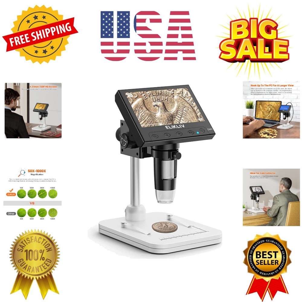 Microscope, LCD Digital Coin Microscope 1000x, Coin Magnifier with 8 Adjustab...
