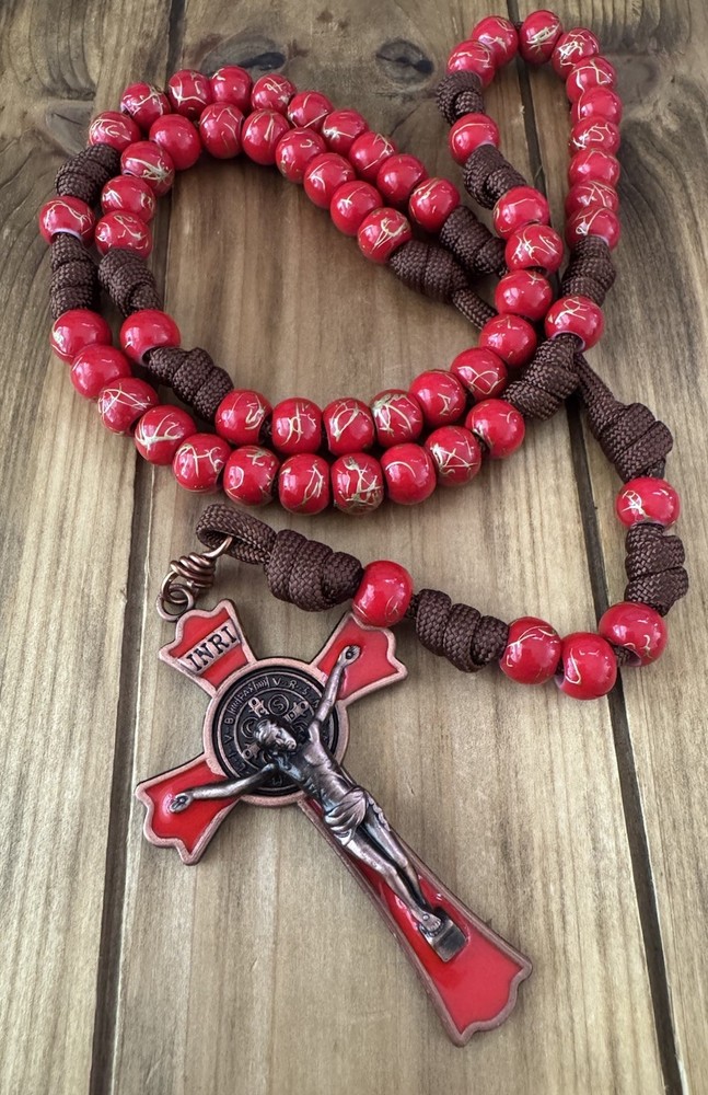 Paracord Catholic Rosary, Large Red St  Benedict Crucifix, Handmade