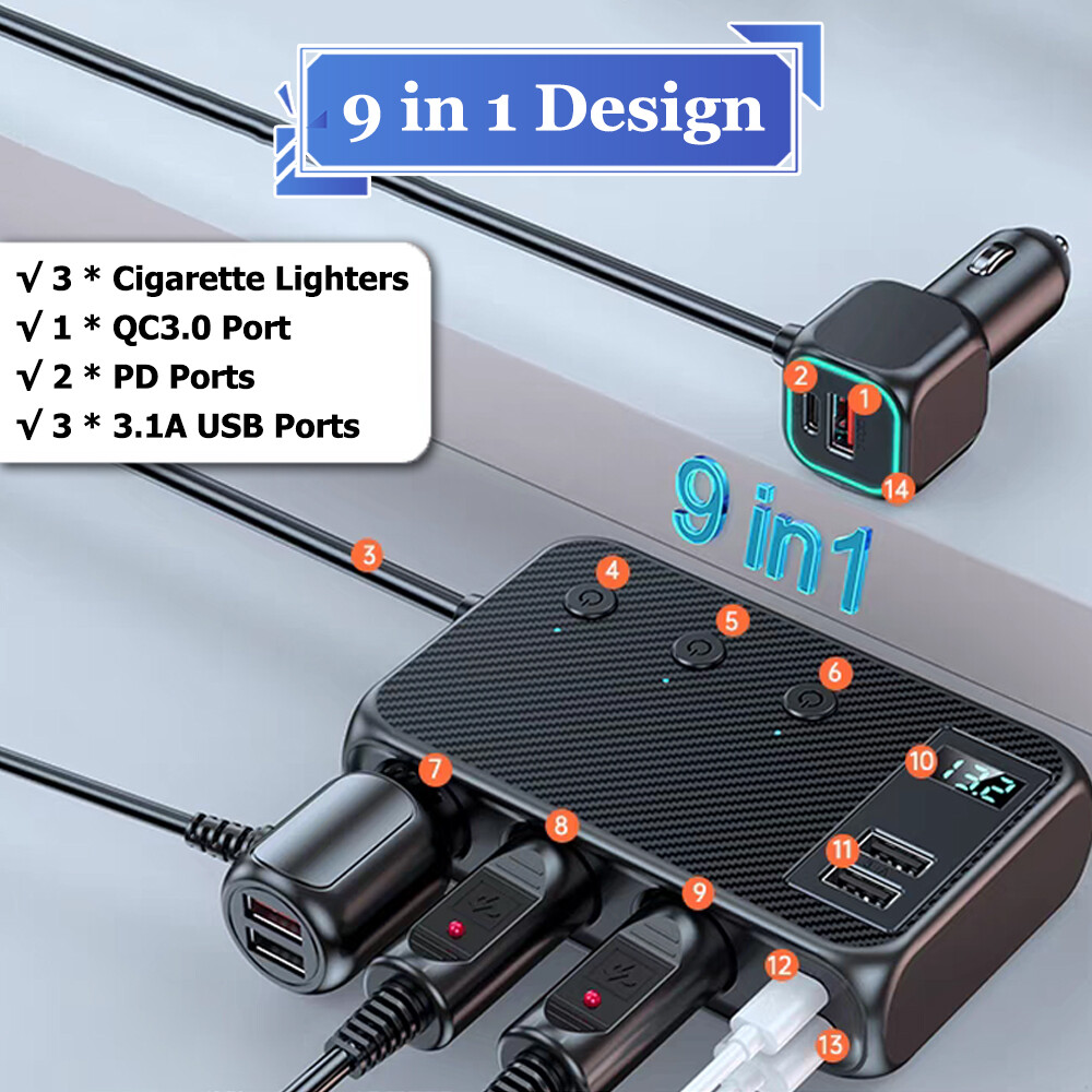 Multi Car Cigarette Lighter Socket USB Plug Fast Charger Power Adapter Splitter