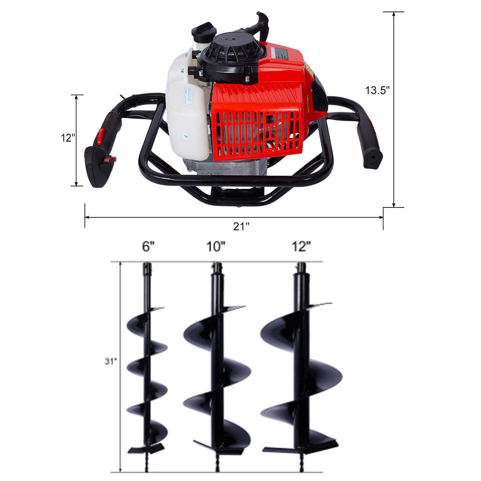 63CC Gas Powered Auger Post Hole Digger with / 6" 10" 12" Earth Auger Drill Bits